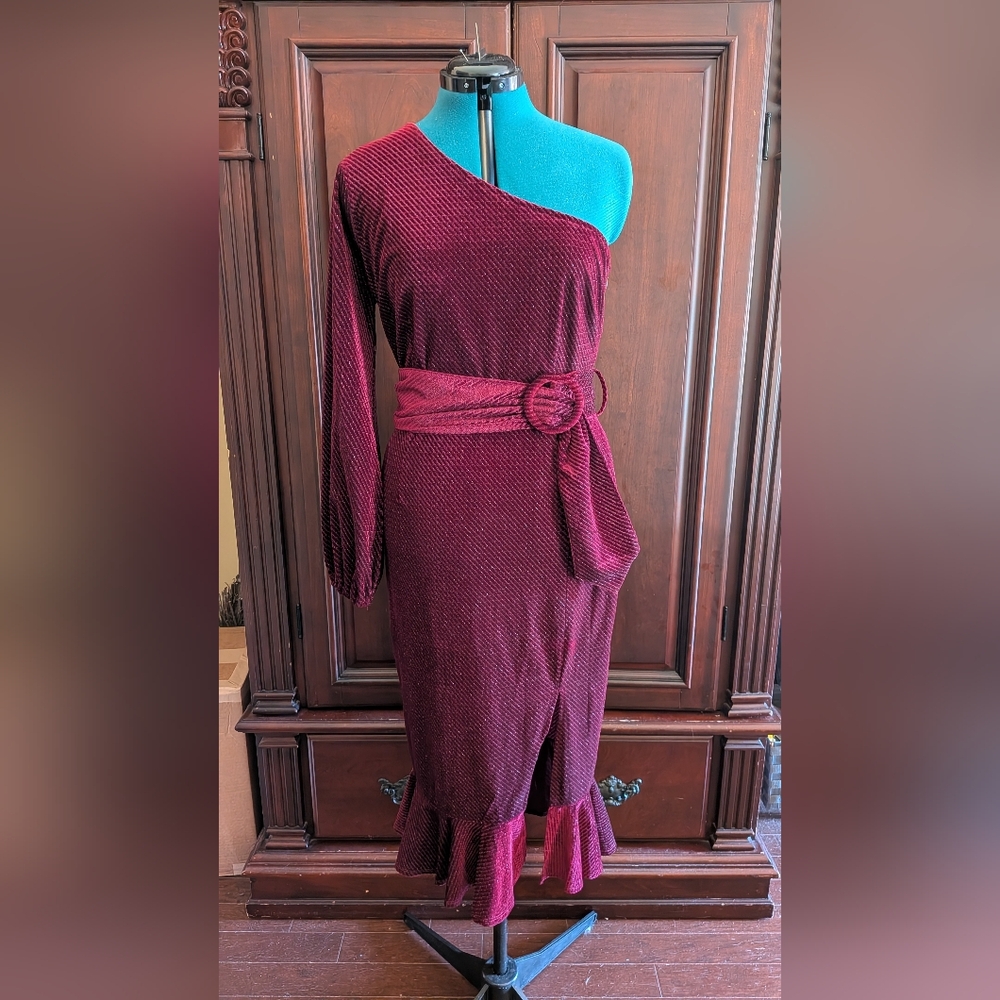 Vici One-Shoulder Burgundy Dress with Belt